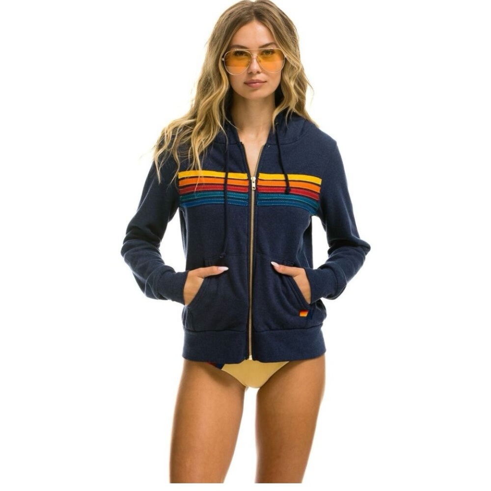 Aviator Nation - Navy Hoodie with Rainbow Stripes